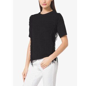 MICHAEL Michael Kors Black Short Sleeve Fringe Trim Sweater Top P5759